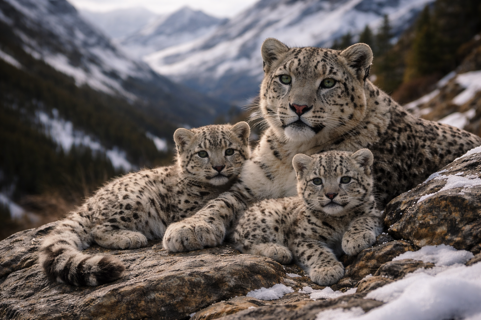 Snow leopard mother resting with her cubs in a mountainous habitat, wildlife documentary style