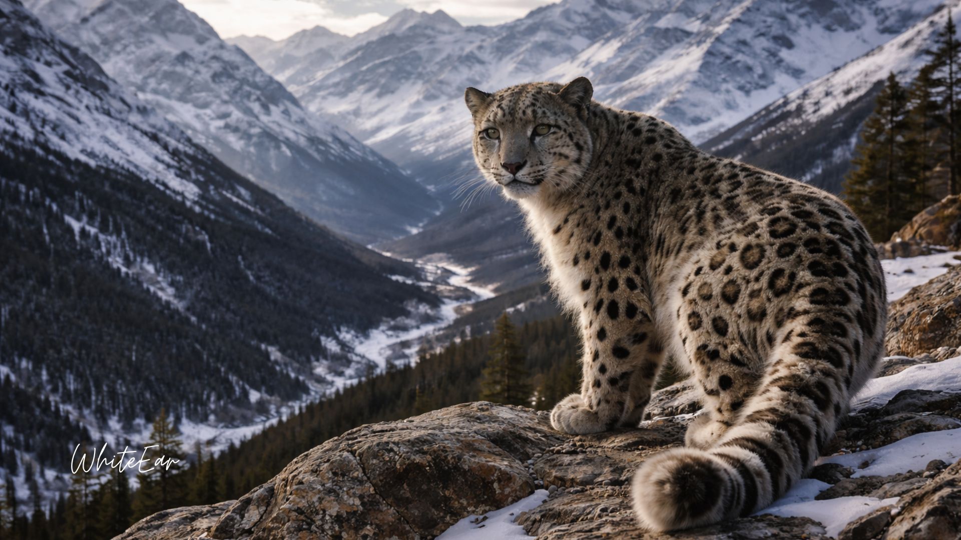 Snow leopard (Panthera uncia) resting on a rocky mountain ledge in a high-altitude alpine ecosystem.