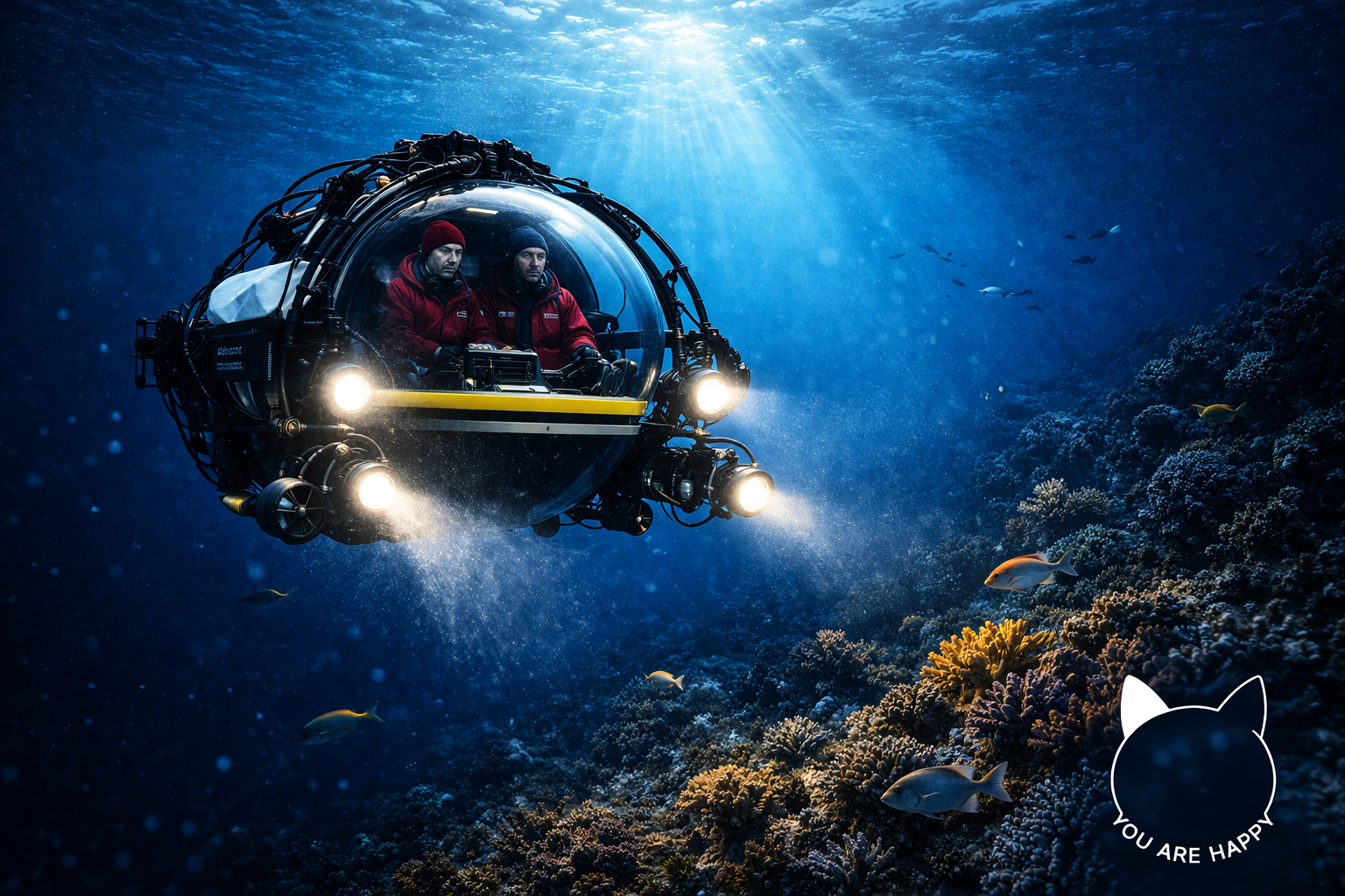 marine scientists exploring coral reef in a submersible at mid-depth ocean level