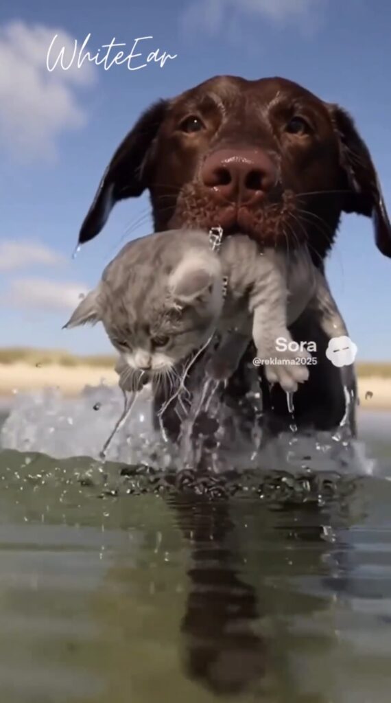 A chocolate Labrador retrieving a drowning cat from open water, captured in a realistic documentary-style moment