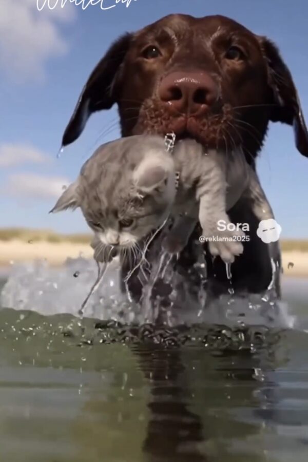 A chocolate Labrador retrieving a drowning cat from open water, captured in a realistic documentary-style moment