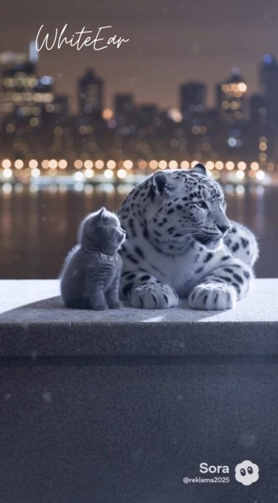 A domestic grey cat with one white ear sitting on a Boston rooftop at night, facing a snow leopard, cinematic urban wildlife scene.