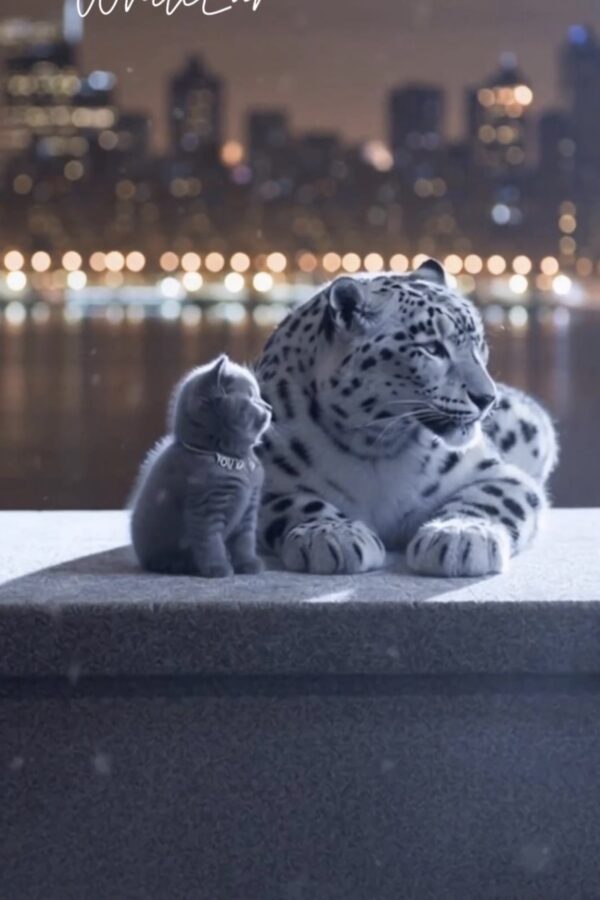 A domestic grey cat with one white ear sitting on a Boston rooftop at night, facing a snow leopard, cinematic urban wildlife scene.