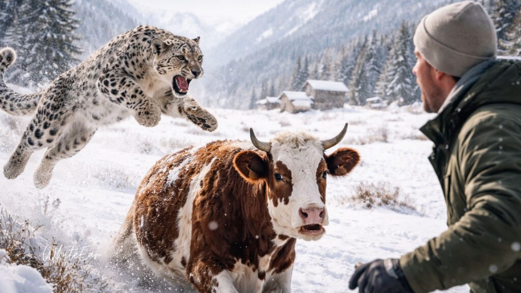 Snow leopard captured mid-jump near a cow in a snowy alpine pasture as a shocked farmer watches from the side