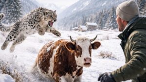 Snow leopard captured mid-jump near a cow in a snowy alpine pasture as a shocked farmer watches from the side