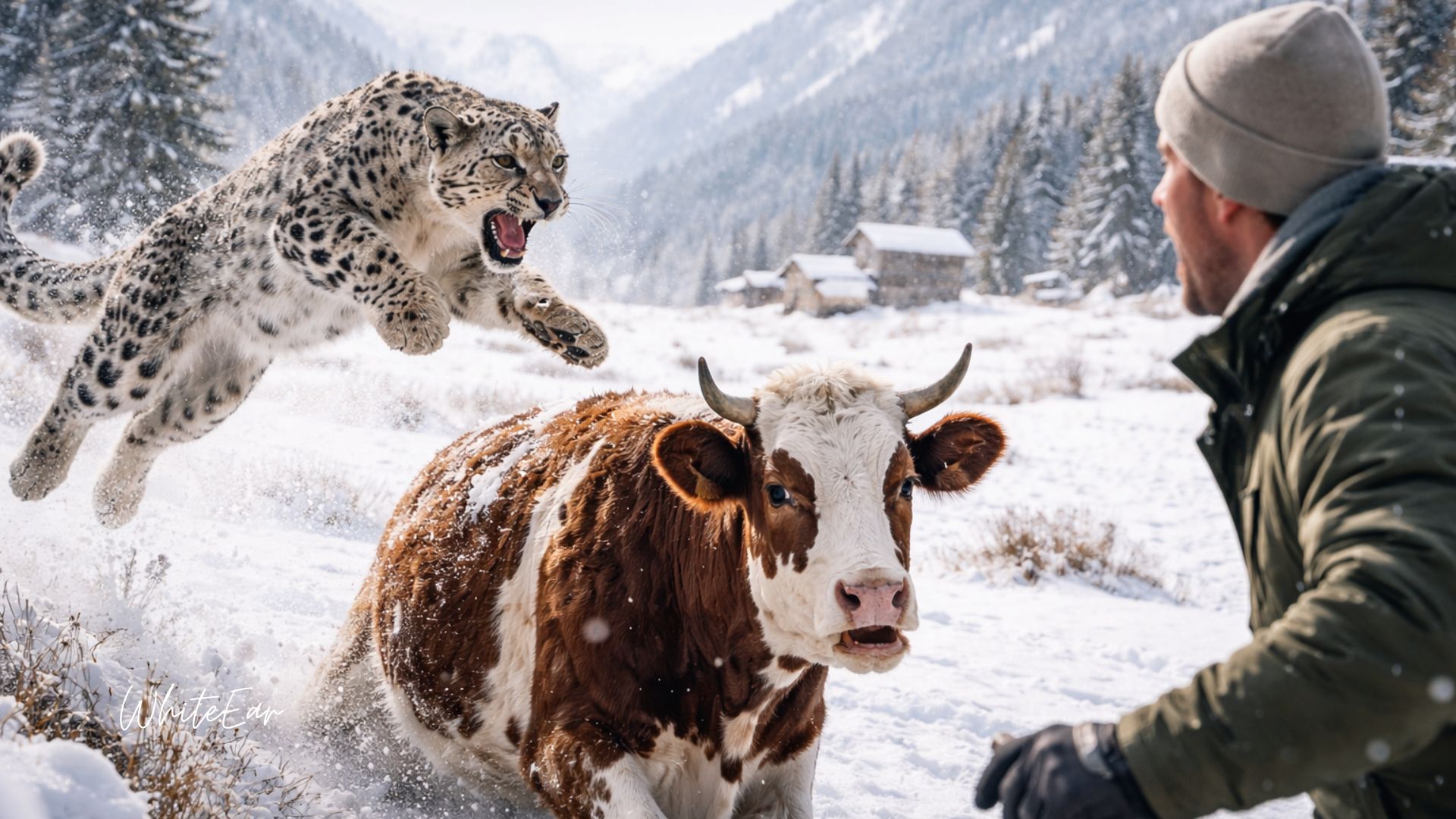 Snow leopard captured mid-jump near a cow in a snowy alpine pasture as a shocked farmer watches from the side