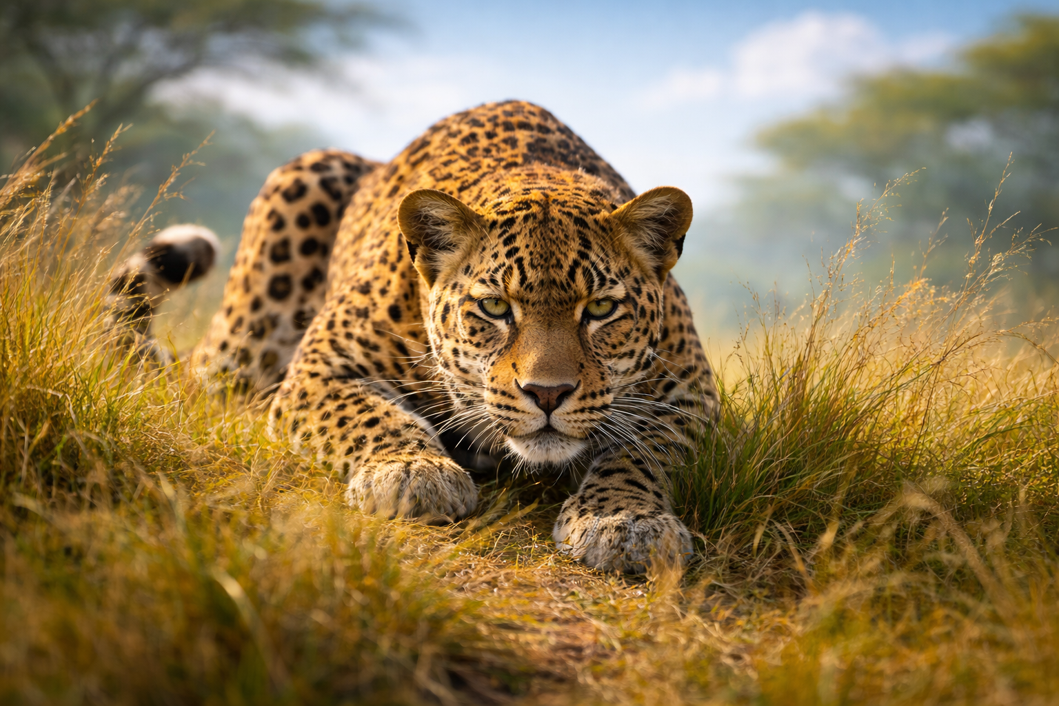 A leopard pauses as an antelope escapes into the herd on the African savanna, captured in a realistic wildlife moment.
