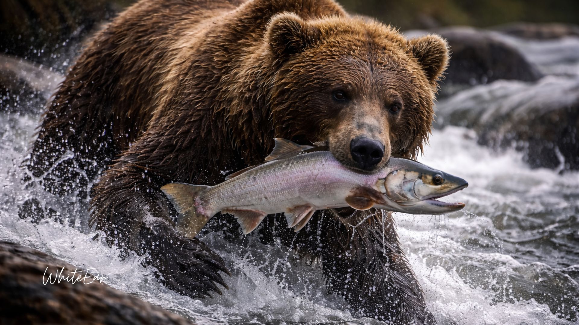 A North American brown bear catching salmon during spawning season in a mountain river