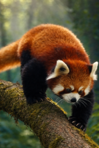 Red panda and grey cat facing each other in a quiet nature-style mountain scene