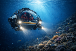marine scientists exploring coral reef in a submersible at mid-depth ocean level