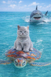 Gray kitten with one white ear riding a colorful sea turtle near shore while a shark fin appears in the background