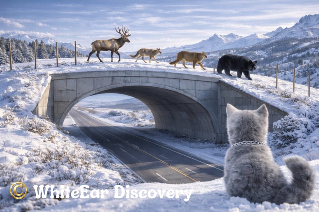Wildlife overpass in Colorado with elk, coyote, mountain lion and black bear crossing above a highway, observed by a gray kitten in a winter landscape
